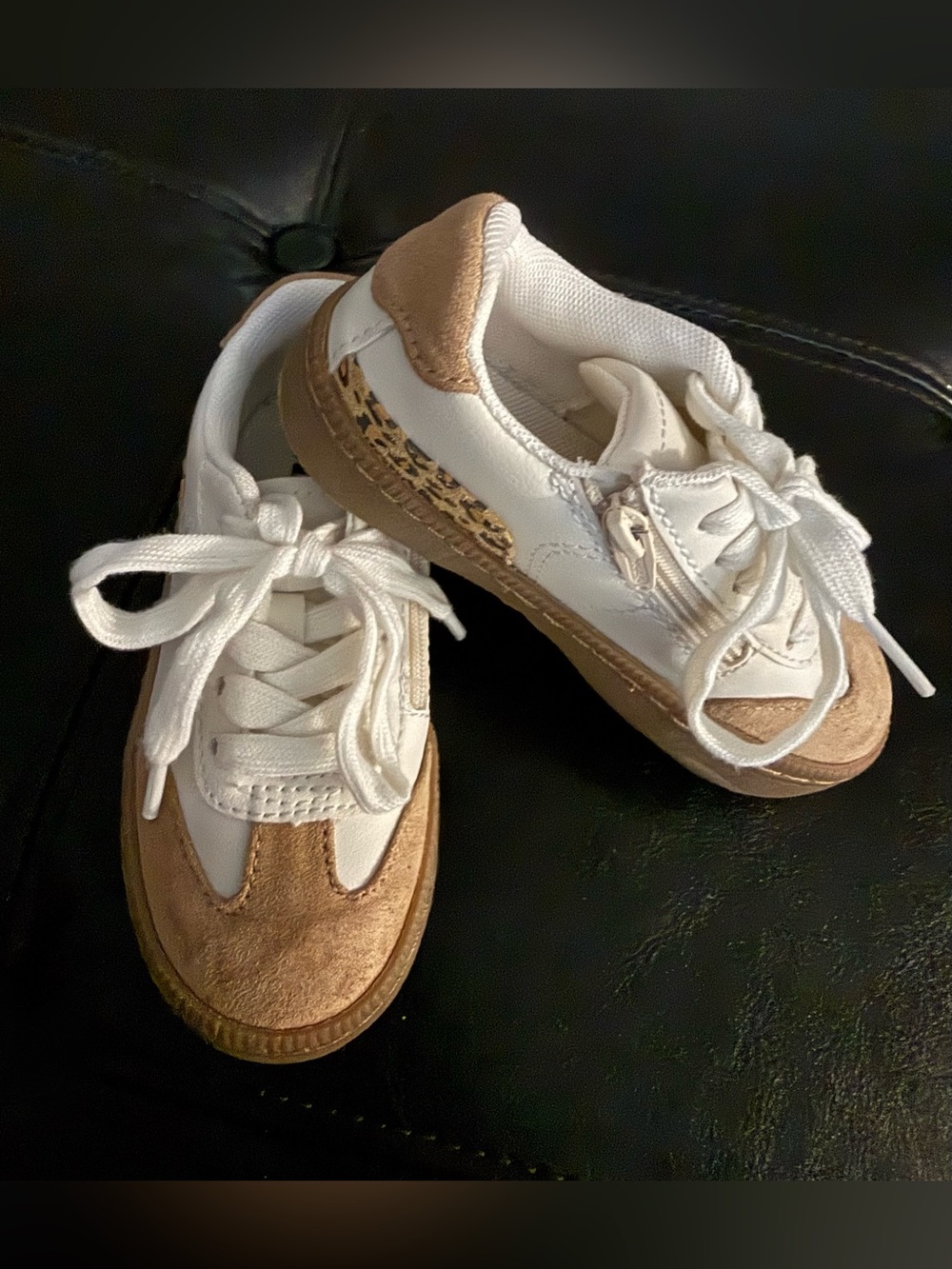 Zara Kids White and Tan Sneakers with Leopard Accent